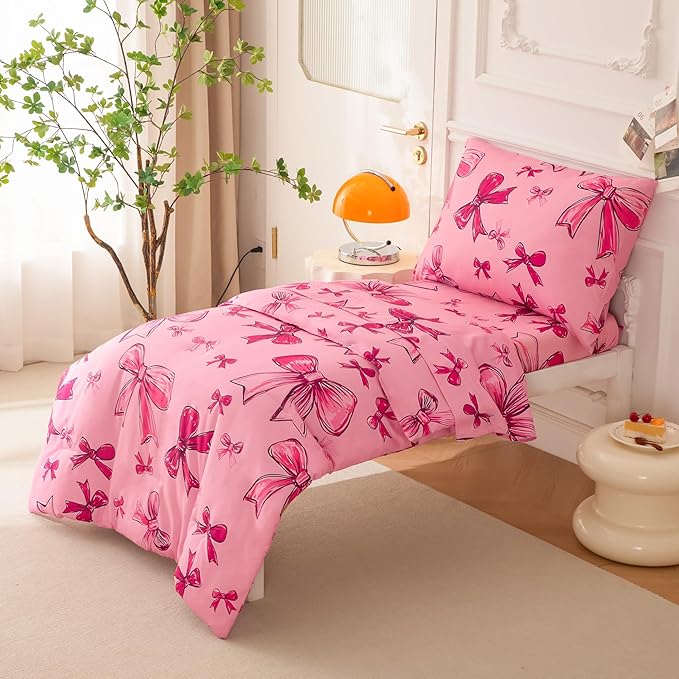 SDIII 4 Piece Pink Bow Girl Toddler Bedding Set, Cute Bowknot Princess Toddler Bedding Set with Comforter, Fitted Sheet, Flat Sheet and Pillowcase