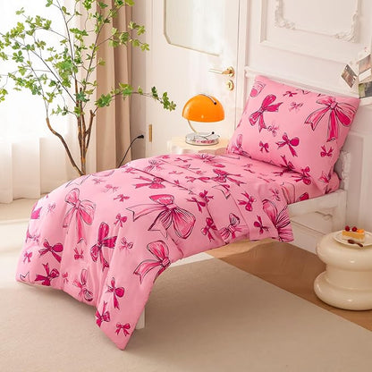 SDIII 4 Piece Pink Bow Girl Toddler Bedding Set, Cute Bowknot Princess Toddler Bedding Set with Comforter, Fitted Sheet, Flat Sheet and Pillowcase