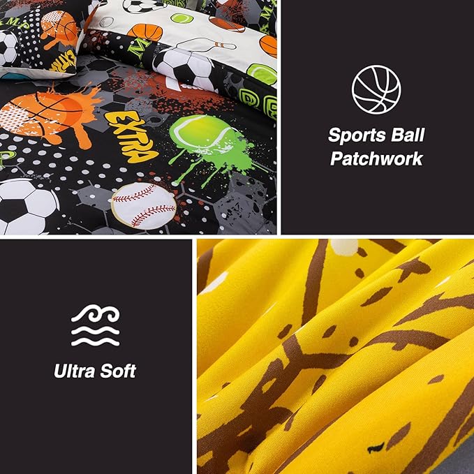 A Nice Night 6Pcs Bed in A Bag Full Sports Microfiber Comforter Set,Black Rugby Ball Basketball Printed Bedding Collections,for Boys Kids Teen