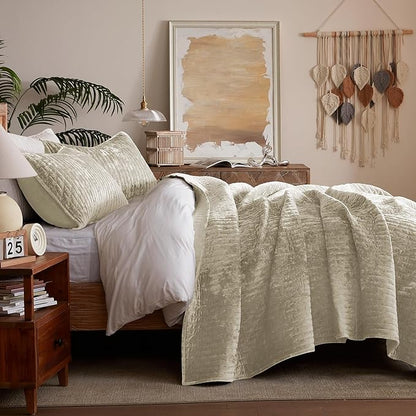 LEAONME Oversized King Quilt 120''x120'', Lightweight Beige Velvet Comforter Set with 2 Matching Shams, Soft Cross Stitch Bedspread Coverlet, Oversized King Bedding Set for All Season