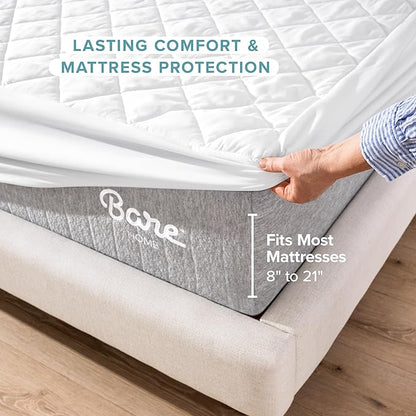 Bare Home Quilted Fitted Mattress Pad (Queen) - Cooling Mattress Cover - Easily Washable - Elastic Fitted Cover for Mattress - Stretch-to-Fit up to 15 Inches Deep (Queen)