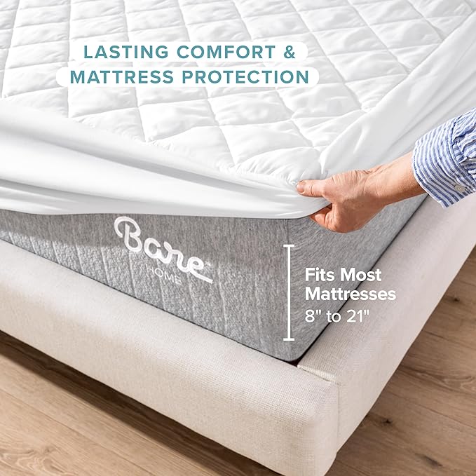 Bare Home Quilted Fitted Mattress Pad (Split Head Flex King) - Cooling Mattress Cover - Easily Washable - Elastic Fitted Mattress Cover - Stretch-to-Fit up to 15 Inches Deep (Split Head Flex King)
