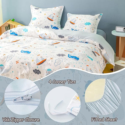 Simple&Opulence 100% Organic Cotton Duvet Cover for Kids Teens, 3 Pieces Soft Comforter Cover with Zipper Closure Cool Boy Girl Sea Sailboat Ocean Bedding Set - Whale, Twin
