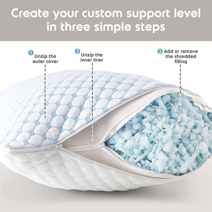 Nestl Cooling Memory Foam Pillow with Down Alternative Pillows Combo Set - Queen Size Set of 2, 1 Soft and 1 Firm, Adjustable for Side, Back, Stomach Sleepers, Breathable Washable Bed Cover, 20”x30”