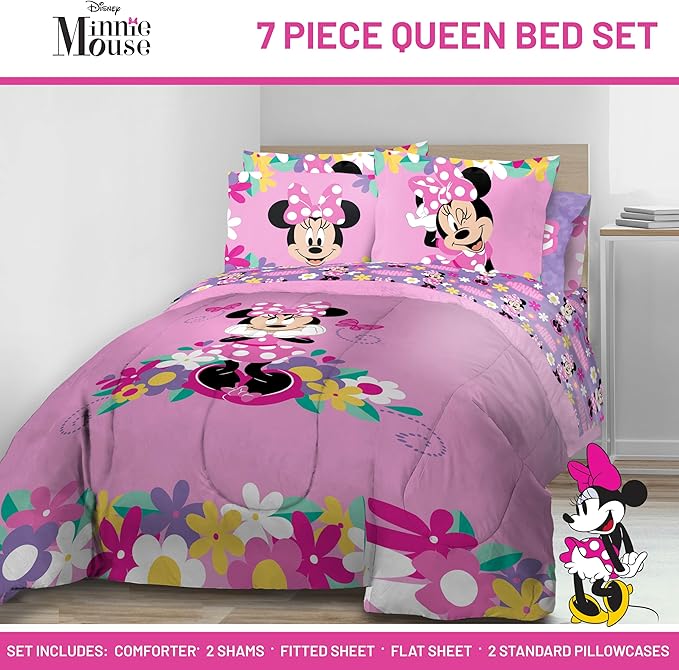 Jay Franco Kids Comforter Set Includes Sheets and Pillow Covers - Soft and Cozy Bed Set for Stylish Room Decor, Pink - Minnie Mouse 02, 7 Piece Queen Size Bedding