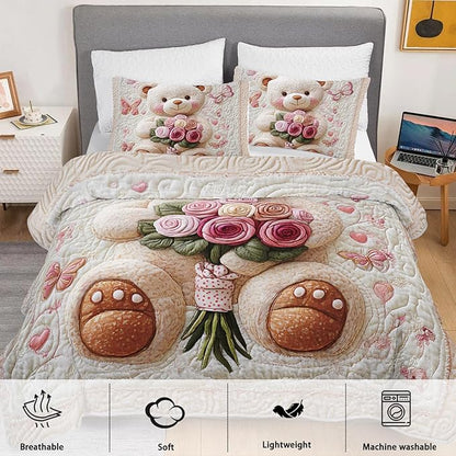 Kawaii White Teddy Bear Quilts Bedding King 3Pcs Cartoon Butterfly Rose Bouquet Bed Set Fantasy Flower Pet Toy Bear Bedspread Coverlet with 2 Pillowcases for Kid Boy Girl Teen Adult Room Decor