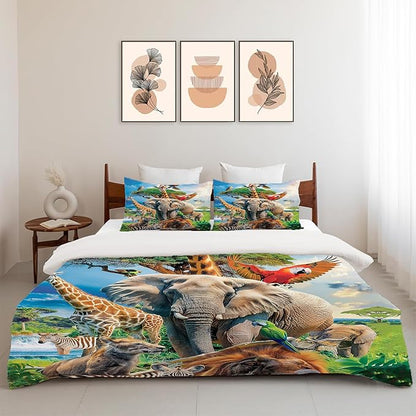Funny Animals Bedding Set 3 Pieces Soft Lightweight Microfiber Zoo Print Bedspread Coverlet Set Jungle Elephant Giraffe Duvet Cover Twin Full Queen King Comforter Bed Set for Girls Boy Women Men