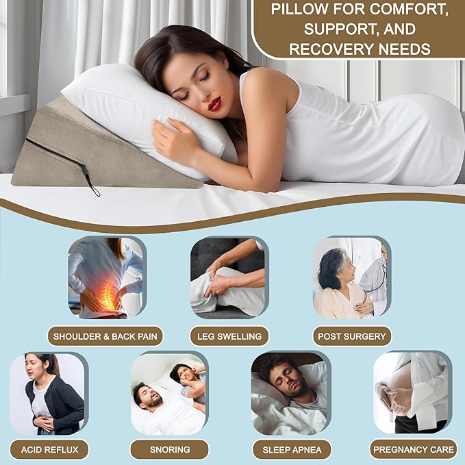 sokoro Bed Wedge Pillow for Sleep Apnea, GERD Acid Reflux Snoring Relief, Pregnancy Side Sleeper Pillow for Adults Seniors Neck Pain Back Sleeping, Leg Elevation Pillows for After Surgery Gifts, Beige