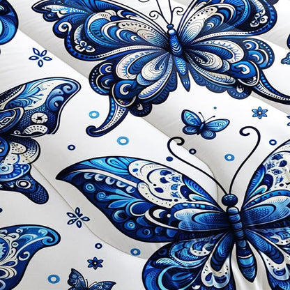 Blue Butterfly Comforter Bedding Set King Size,Bohemian Style Blue Series Bedding for Kids Girls Boys,Insect Themed Children's Bedding Soft Fluffy Comforter Sets with 2 Pillowcases.