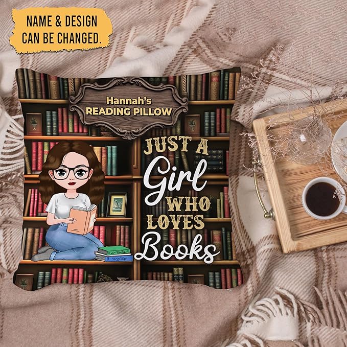 Hyturtle Personalized Book Pillow (Insert Included) Gifts for Girls Book Lovers, Reading Club Librarian on Birthday Christmas, Just A Girl Who Loves Books Custom Name Couch Cushion Decor Throw Pillow