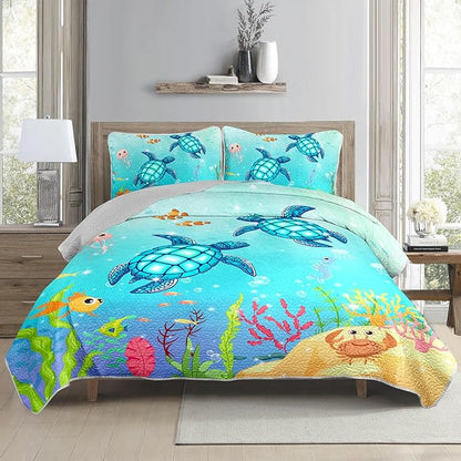 Coastal Turtle Quilts Bedding Set Twin Size 3Pcs Ocean Watercolor Sea Turtle Quilt Bed Set Beach Nautical Sea Animal Reptile Bedspreads Coverlet with 2 Pillowcases for All Season Kids Room Decor