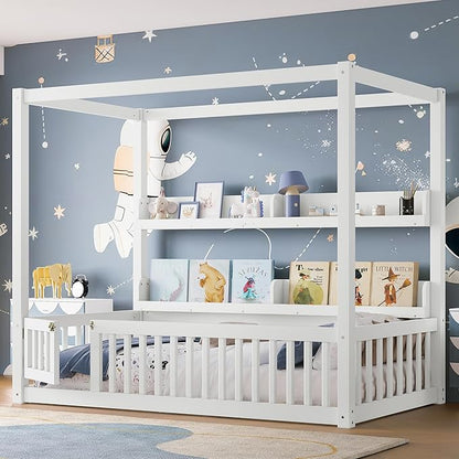 CZBZ Twin Size Canopy Floor Bed with Guardrails and Built-in Shelves, Solid Wood Montessori-Inspired Low Bed Frame, White