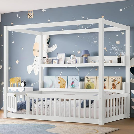 CZBZ Twin Size Canopy Floor Bed with Guardrails and Built-in Shelves, Solid Wood Montessori-Inspired Low Bed Frame, White
