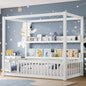 CZBZ Twin Size Canopy Floor Bed with Guardrails and Built-in Shelves, Solid Wood Montessori-Inspired Low Bed Frame, White