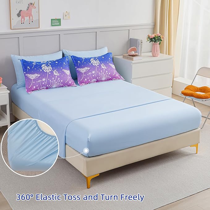 Menghomeus Girls Comforter Set Twin Size 5 Pieces Bed in A Bag Ombre Blue Pink Bedding Set Dandelion Butterfly Print Kids Bedding Collections