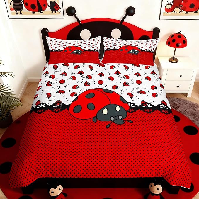 Cute Ladybugs Duvet Cover Set Full Size,Red Black Entomology Dots Bedding Set 3pcs for Kids Girls Women Room Decor,Cartoon Animals Comforter Cover Vivid Natural Quilt Cover,2 Pillowcases