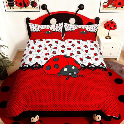 Castle Fairy Cute Ladybugs Duvet Cover Set Queen Size,Red Black Entomology Dots Bedding 3pcs for Kids Girls Women Room Decor,Cartoon Animals Comforter Vivid Natural Quilt Cover,2 Pillowcases