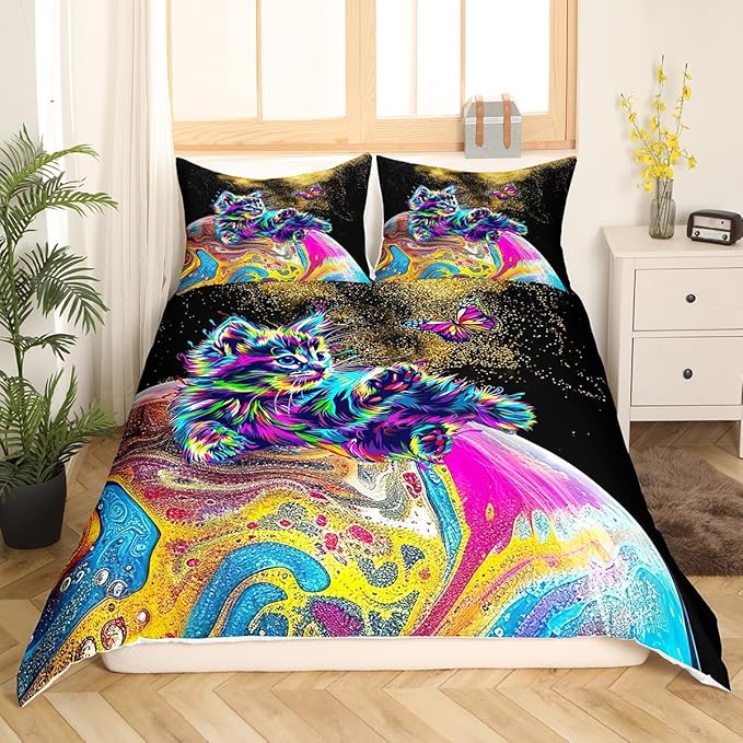 Castle Fairy Watercolor Planet Duvet Cover Set Twin Size, Rainbow Cute Cat and Butterfly Animal Print Comforter Cover with 1 Pillowcase, Shiny Golden Glitter Sequin Bedding Set for Kids Girls Room