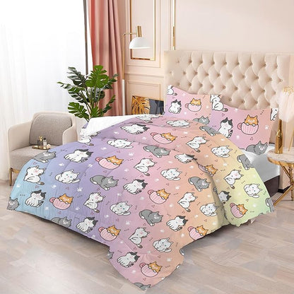 Girls Cat Comforter Set: Twin Size Cute Cats Bedding Set Cartoon Pet Kitten Rainbow Quilt for Kids Teens Boys Kawaii Gray White Kitty Bed Sets 1 Comforter & 1 Pillowcase