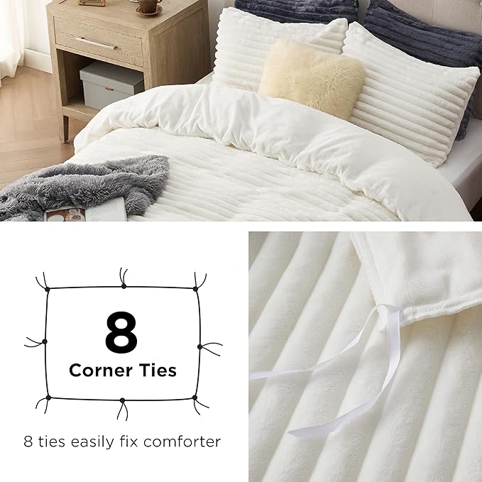Bedsure Fluffy Duvet Cover Set - Ultra Soft Plush Shaggy Comforter Cover King Size, Warm Flannel Fleece Bed Sets for Winter, 3 Pieces (Striped Pattern, Coconut White)