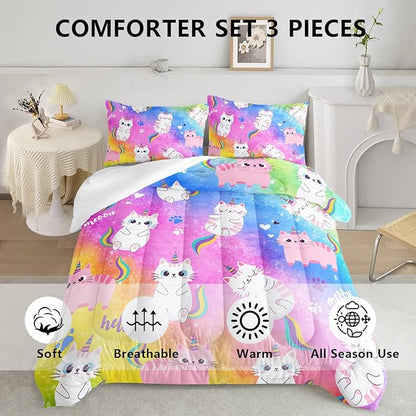 Axolotl Cat Bedding Full Cartoon Comforter Set, Rainbow Printed Kids & Adults Bedding Set, All Season, 1 Quilt 2 Pillow Cases, Colorful Pink Blue