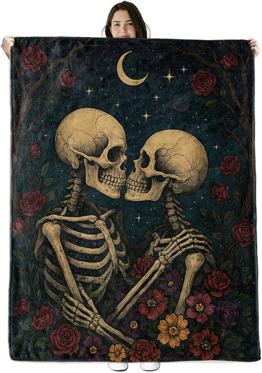 Skeleton Couple Blanket Gifts for Boys Girls Kids, Gothic Romantic Moon and Roses Warm Soft Flannel Throw Blankets for Travel, Sofa, Living Room, Bedroom Decor, 60x80 in