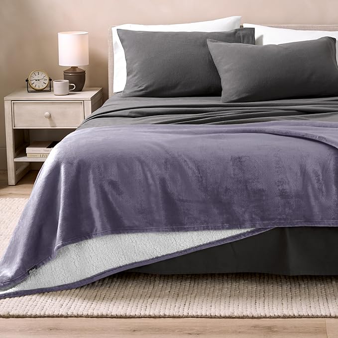 Bare Home Sherpa Fleece Blanket - Full/Queen Size - Blanket for Bed, Sofa, and Couch - Warm & Lightweight - Fluffy & Soft - Reversible (Full/Queen, Dusty Purple)