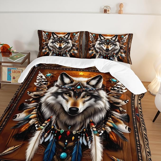 HOSIMA Wolf Twin Bedding Sets for Kids,Tribe Decoration Print Animal Bedding,Lightweight Fluffy Dreamcatcher Feather Pattern Wolf Comforter for Teens Boys Room Decor with 2 Pillowcases.