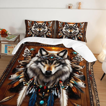 HOSIMA Wolf Twin Bedding Sets for Kids,Tribe Decoration Print Animal Bedding,Lightweight Fluffy Dreamcatcher Feather Pattern Wolf Comforter for Teens Boys Room Decor with 2 Pillowcases.