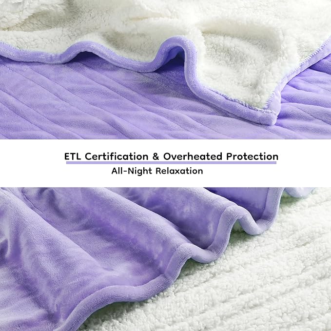 Electric Heated Blanket Queen Size - 84"x90", Soft Flannel Heating Blanket, 10 Heating Levels, 1-12 H Auto Shut Off, Dual Controllers, Breathable Warm and Washable for Bed, Light Purple