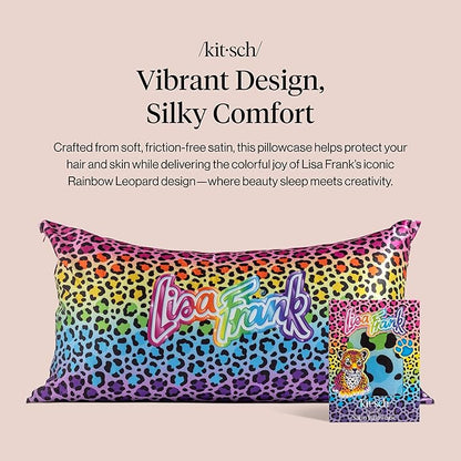 Kitsch x Lisa Frank Satin Pillowcase with Zipper for Hair & Skin, Softer Than Silk Pillow Cases, Wrinkle-Free, Smooth and Cooling Satin Pillow Covers King Size (19x36) - Rainbow Leopard