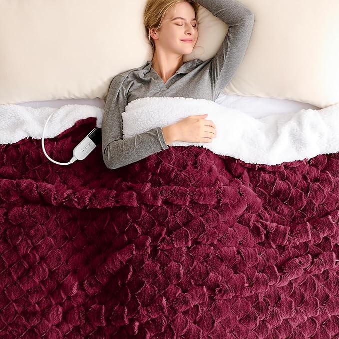 Homemate Heated Blanket Electric Throw - 50"x60" Heating Blanket Throw 1/2/4/6/8 Hours Auto-Off 10 Heat Levels Over-Heat Protection Luxury 800 GSM Faux Fur 200 GSM Sherpa ETL Certification