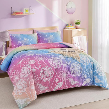 Menghomeus Girls Comforter Set Queen Size 7 Pieces Bed in A Bag Ombre Pink Rainbow Bedding Set Dandelion Butterfly Print Kids Bedding Collections