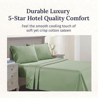 California Design Den Natural 100% Cotton Bed Sheets King Size Set - Luxury 600 Thread Count Sateen, Hotel Quality King Size Sheet Set, Fully Elasticized Deep Pockets, Cool and Durable - Laurel Green
