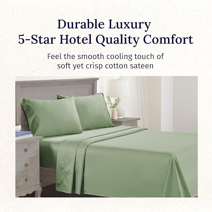 California Design Den Hotel Quality Deep Pocket Queen Sheets Set - Luxury 600 Thread Count Sateen, Natural 100% Cotton Queen Size Sheets Set, Fully Elasticized, Crisp, Cool and Durable - Laurel Green