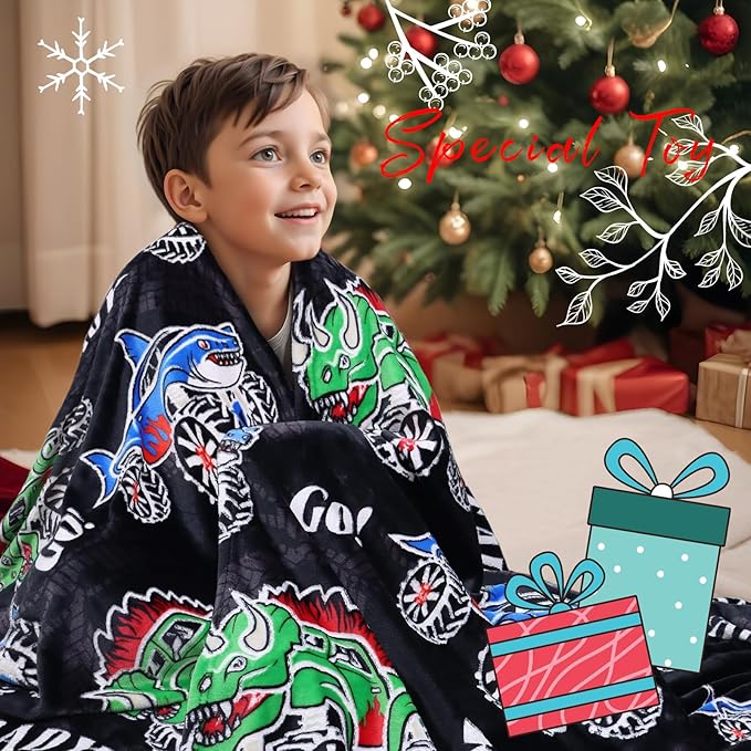 BORORO Glow in The Dark Truck Dinosaur & Shark Blanket - Excavator Construction Car Gifts for Boys Age 3-12, Soft Fleece Luminous Tractor Throw Blanket for Kids Room Decor 50"×60"