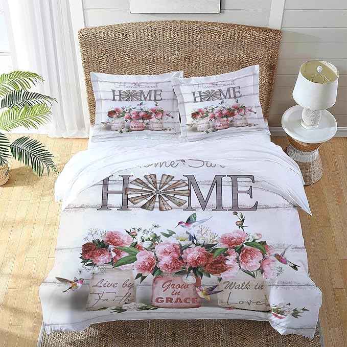 Rose Flower Theme 3 Pieces Duvet Cover Comforter Set with 2 Pillowcase Full Size Pink Peony Floral Bed Sheet Quilt Bedroom Bedding for Lover Kids