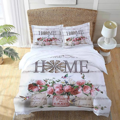 Rose Flower Theme 3 Pieces Duvet Cover Comforter Set with 2 Pillowcase Twin Size Pink Peony Floral Bed Sheet Quilt Bedroom Bedding for Lover Kids