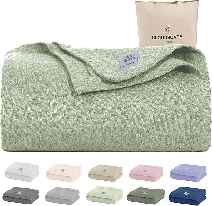 Cloud Scape Linen Herringbone Cotton Twin Blanket for Couch, Bed,Sofa, Home Decor, Soft, Weighted, All-Season, Winter Bed Blanket, Best Gift Idea, 68 x92, Seafoam