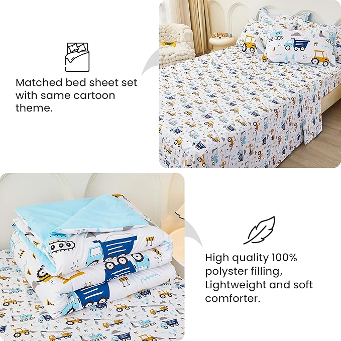 Mooreeke Twin Size Comforter Sets for Girls Kids, 6 Pieces Bed in a Bag Truck Excavator Bedding Comforter Sheet Set with Shams and Decorative Toy Pillow, Ultral Soft Microfiber Kids Bed Set