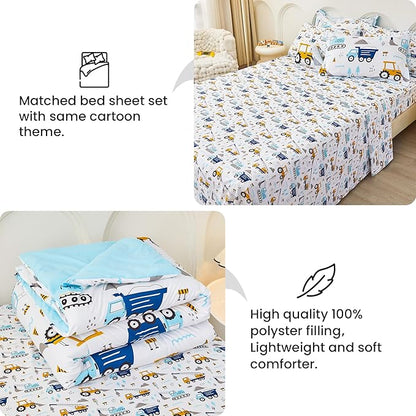 Mooreeke Twin Size Comforter Sets for Girls Kids, 6 Pieces Bed in a Bag Truck Excavator Bedding Comforter Sheet Set with Shams and Decorative Toy Pillow, Ultral Soft Microfiber Kids Bed Set