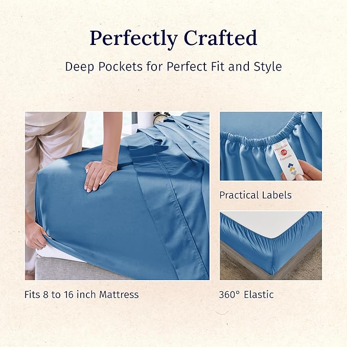 California Design Den Natural 100% Cotton Bed Sheets Queen Size Set - Luxury 600 Thread Count Sateen, Durable Hotel Quality Fully Elasticized Deep Pocket Bedsheets Queen Size Bed - Parisian Blue