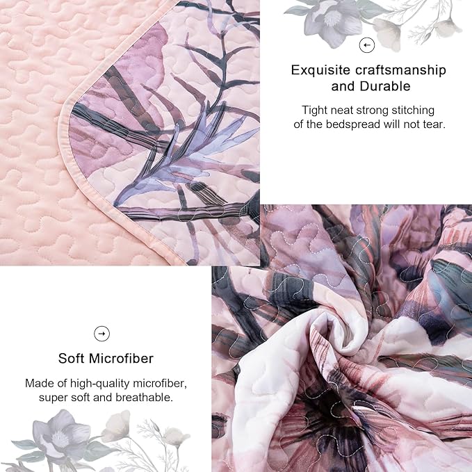 Floral Quilt Set King 3 Pieces Pink Floral Quilt Coverlet Set Soft Microfiber Lightweight Pink Quilted Bedspread for All Season 104"x90"