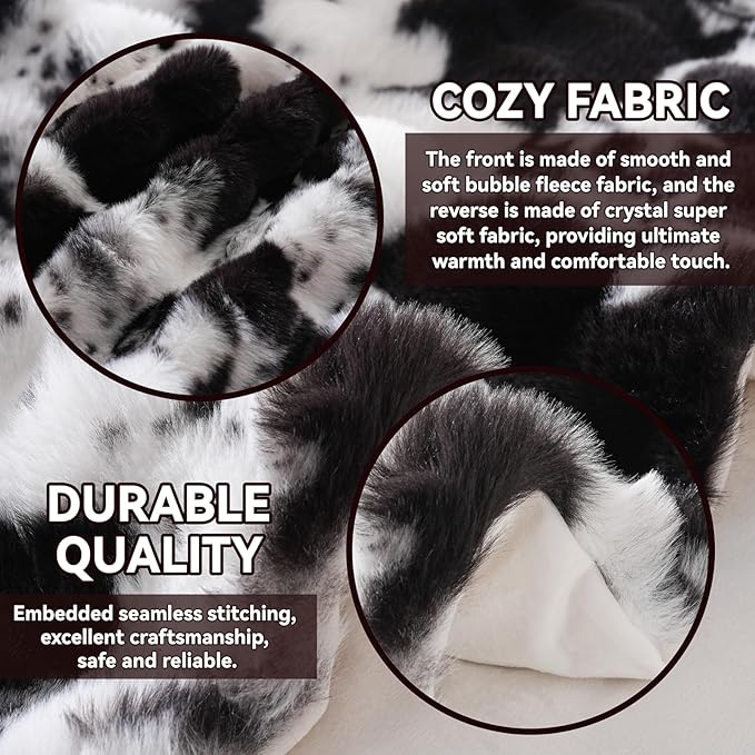 Cow Print Heating Throw Blankets Luxurious Western Soft Bubble Faux Rabbit Fur 8 Heat Settings Overheat Protection Quick Heating Electric Heated Blanket 50"x60"(Black)