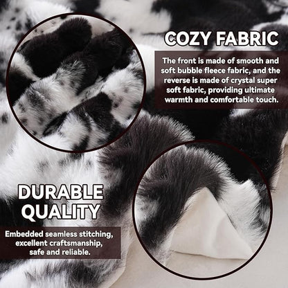 Cow Print Heating Throw Blankets Luxurious Western Soft Bubble Faux Rabbit Fur 8 Heat Settings Overheat Protection Quick Heating Electric Heated Blanket 50"x60"(Black)