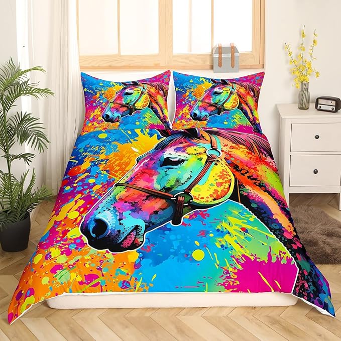 Castle Fairy Colorful Horse Duvet Cover Set Queen Size,Modern Abstract Graffiti Bedding Set 3pcs for Kids Girls Boys Room Decor,Boho Exotic Art Comforter Cover Wild Animals Quilt Cover,2 Pillowcases