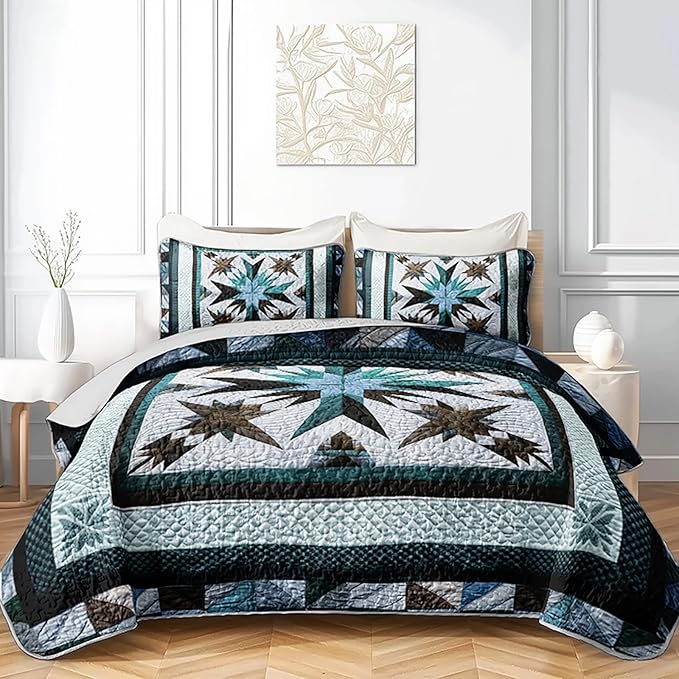 QOOMO Boho Quilt Set King Size,Bohemia Bedspread Coverlet Set,Blue Boho 3Pcs Bedding Set Printed Quilt with 2 Pillowcases,Soft and Lightweight,for All Seasons