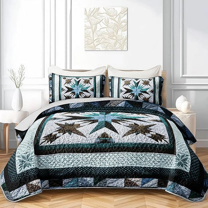 QOOMO Boho Quilt Set Full/Queen Size,Bohemia Bedspread Coverlet Set,Blue Boho 3Pcs Bedding Set Printed Quilt with 2 Pillowcases,Soft and Lightweight,for All Seasons