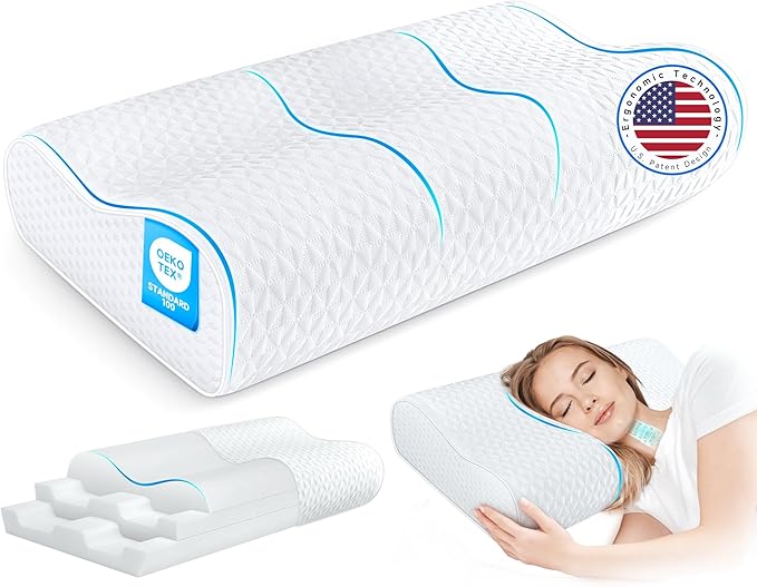 Cervical Neck Pillow King Size - Cooling Sandwich Dynamic Memory Foam Pillows for Sleeping, Adjustable Contour Ergonomic Orthopedic for Side, Back & Stomach Sleepers Soft, White