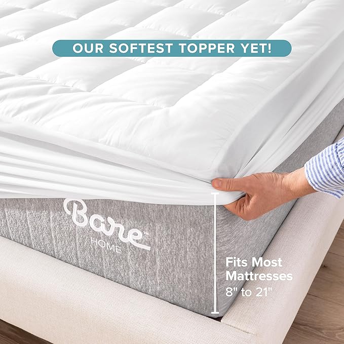Bare Home King Mattress Topper Cotton Top - Plush Topper for Mattress - Fitted Mattress Cover - Cooling Breathable Air Flow - 8" to 21" Deep Pocket - Soft Mattress Pad (King, White)
